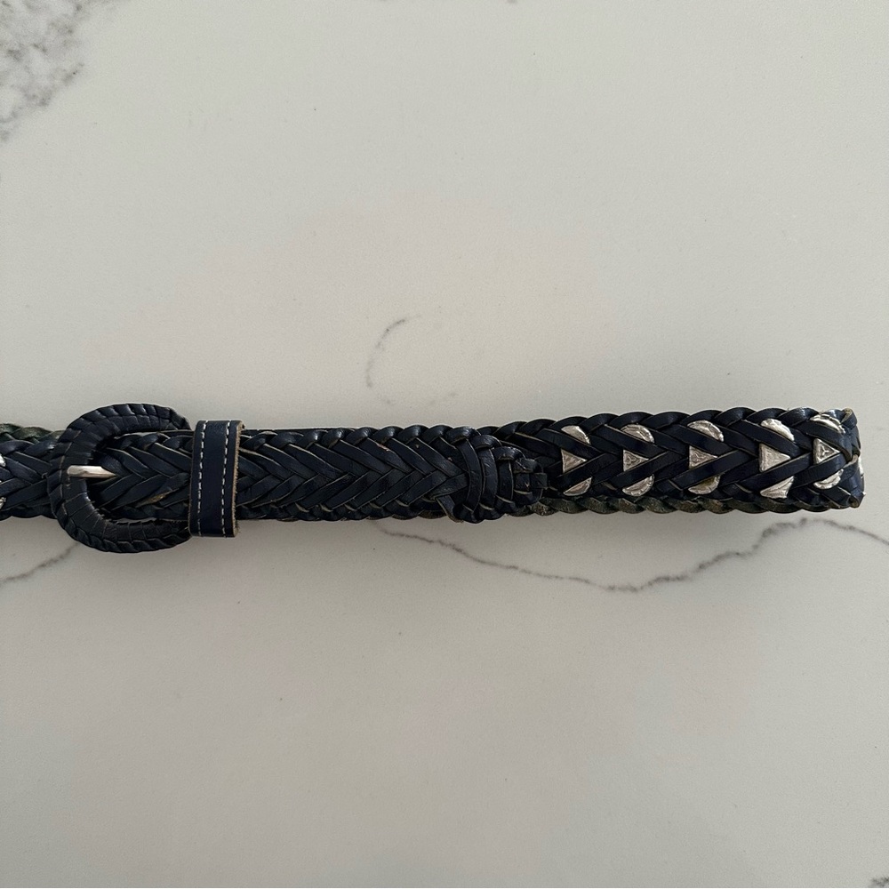 Vintage Anthropologie Western Style Braided Leather Silver Belt Navy Blue Medium - Picture 3 of 8